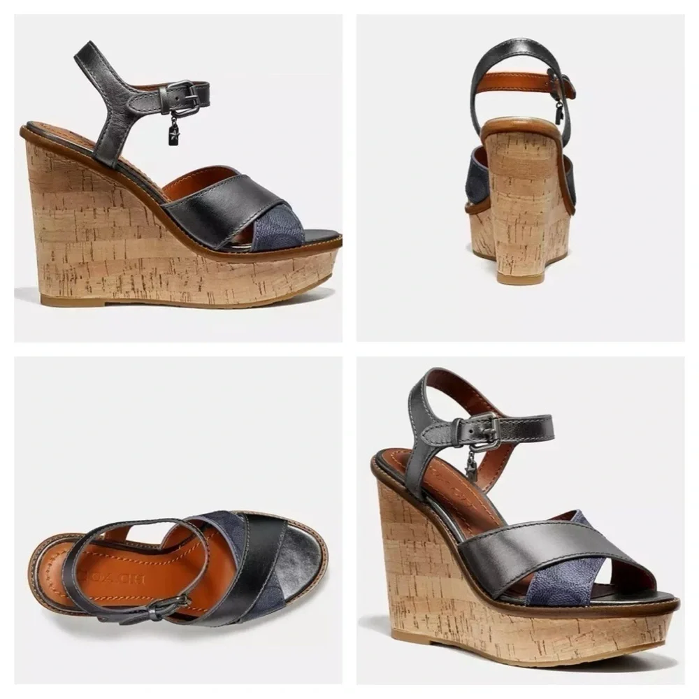 Coach Cross Band High Wedge Sandal size 8.5 B silver/tan